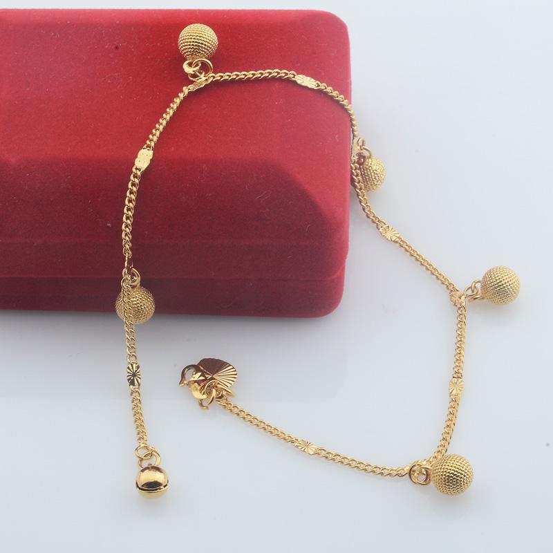 Women Yellow Gold Link Ball Heart Anklet Chain Jewelry