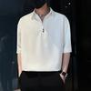 Men's Summer Khaki Half-sleeve Polo Shirt Minimalist Loose-fit Casual Top With V-neck And Button Detail For Daily Wear