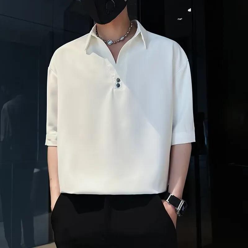 Men's Summer Khaki Half-sleeve Polo Shirt Minimalist Loose-fit Casual Top With V-neck And Button Detail For Daily Wear