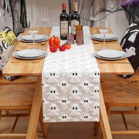 Ghost Pattern Table Runner Plush Faux Fur Jacquard Table Flag Halloween Decoration Halloween Party Supplies