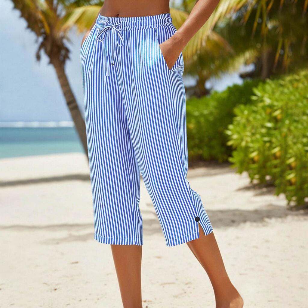 Damenmode Gestreifter Druck Elastischer Bund Locker Lässig Sieben-Achtel 7/10 Hose