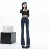 Fleece Slightly Pulled Jeans, Thickened Fleece Double-buckle Elastic High-waisted Belly and Thin Denim Flared Pants