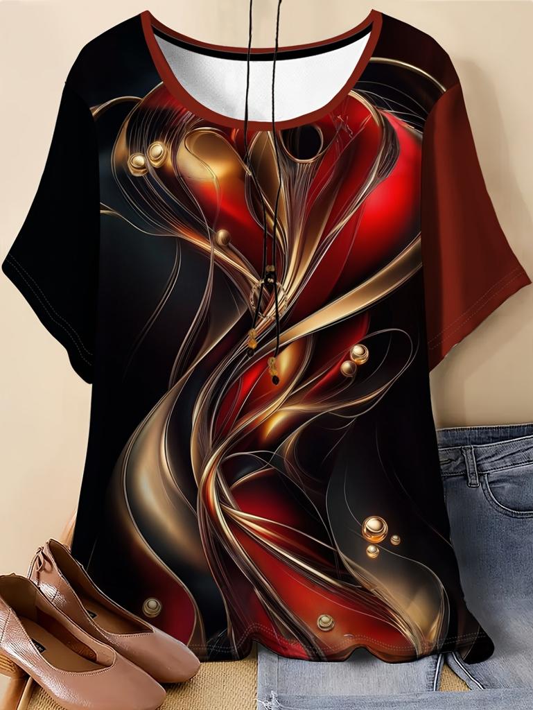 Sommer Damen Blumen T-Shirt 3D Druck Lockerer Schnitt Rundhals T-Shirts Bequeme Damenbekleidung Lässig Elegant Oversize Damen Oberteile