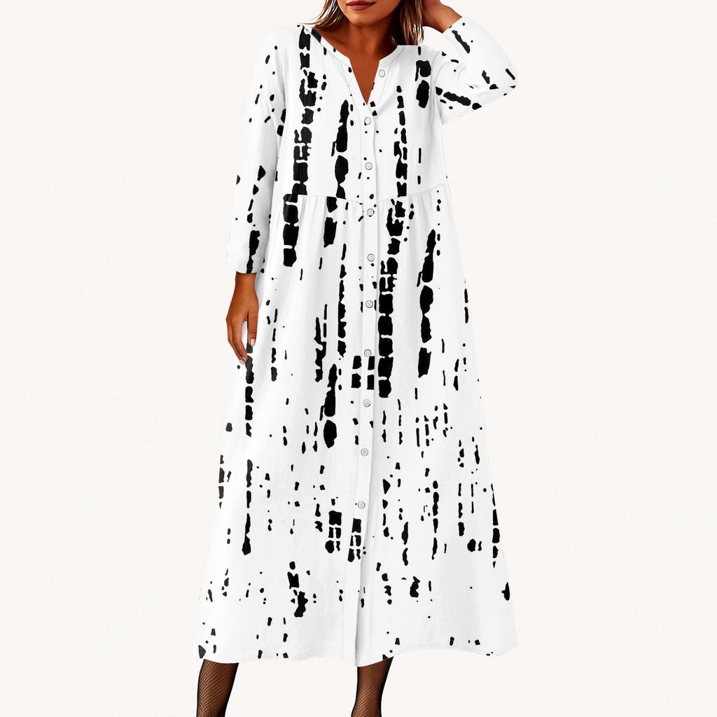 Women's Fashionable Printed Round Neck Seven Quarter Sleeve Button Loose Shirt Dress