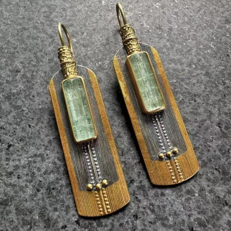Kolczyki w stylu vintage etnicznym z inkrustowanym zielonym kamieniem, geometryczna kreatywność, kolor srebrny, wiszące kolczyki dla kobiet, biżuteria