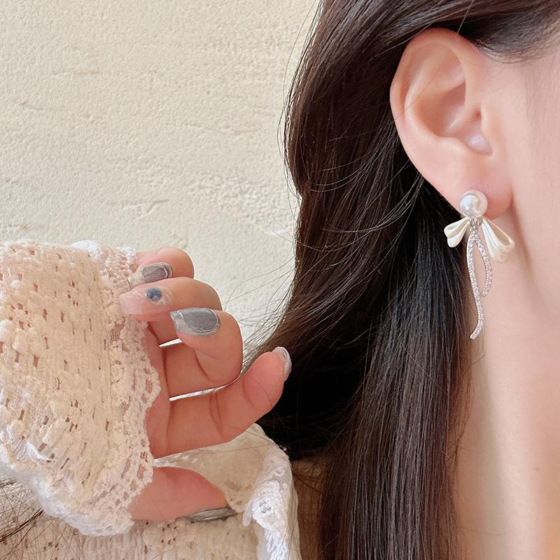 Bow Studded Diamond Pearl Earrings For Women, Light Luxury High-End Earrings, Long Tassel Zircon Earrings