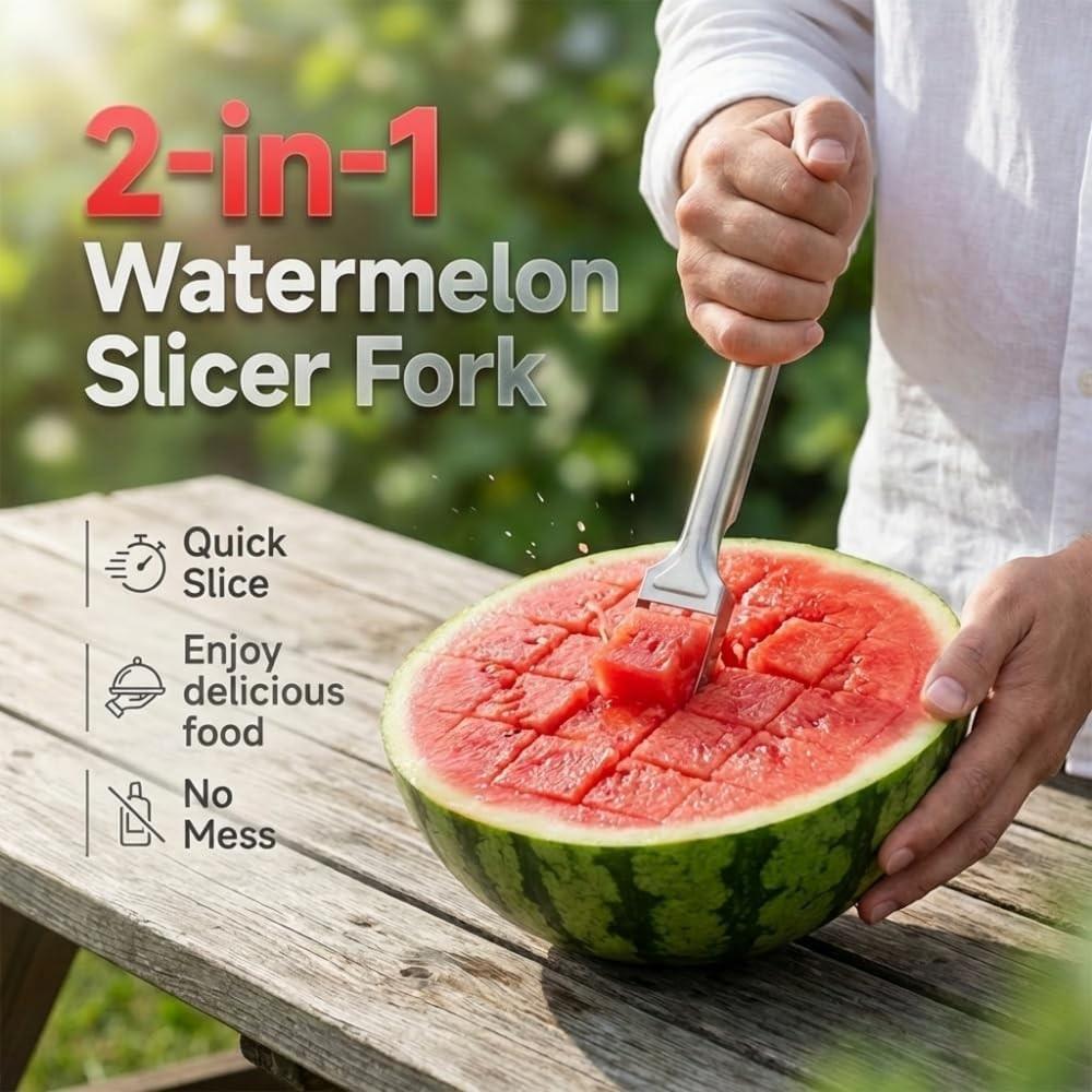 2026 Neuer 2-in-1 Edelstahl-Fruchtschneider, Wassermelonengabel-Schneider, Tragbarer Doppelkopf-Fruchtgabel-Schneider