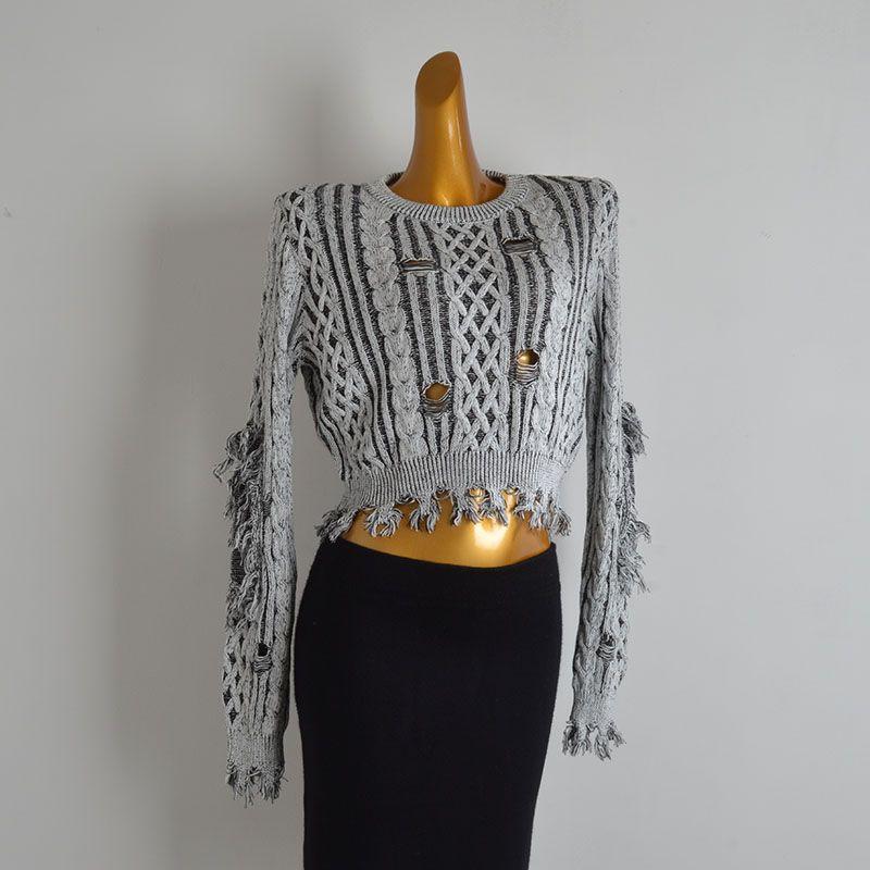 Retro Fashion Design Ripped Tassel Long sleeve Knit Women Spring and Autumn Idle Style Pullover Sweater All-Matching Top