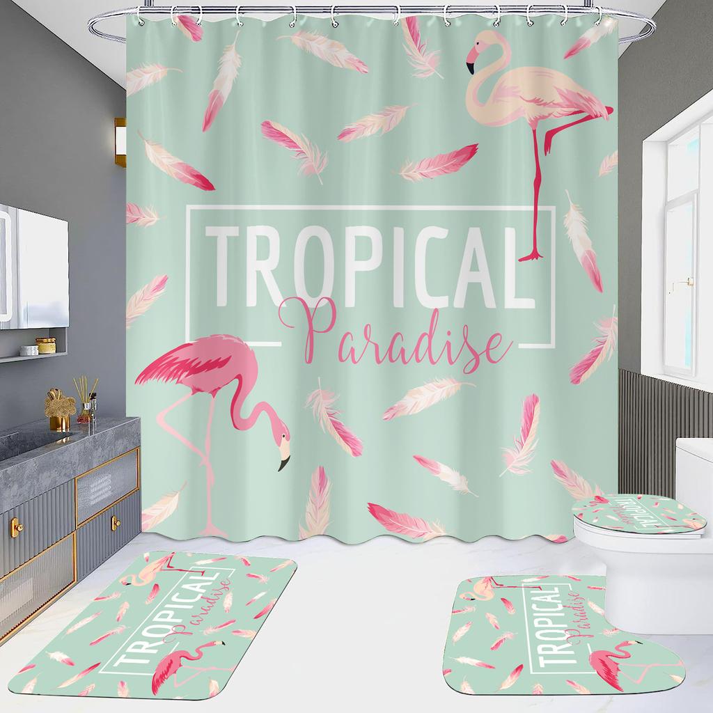 Pink Flamingo Printing Shower Curtain Set For Bathroom Non Slip Lovebird Bath Mat And Curtain Set Bath Rug Toilet Carpet