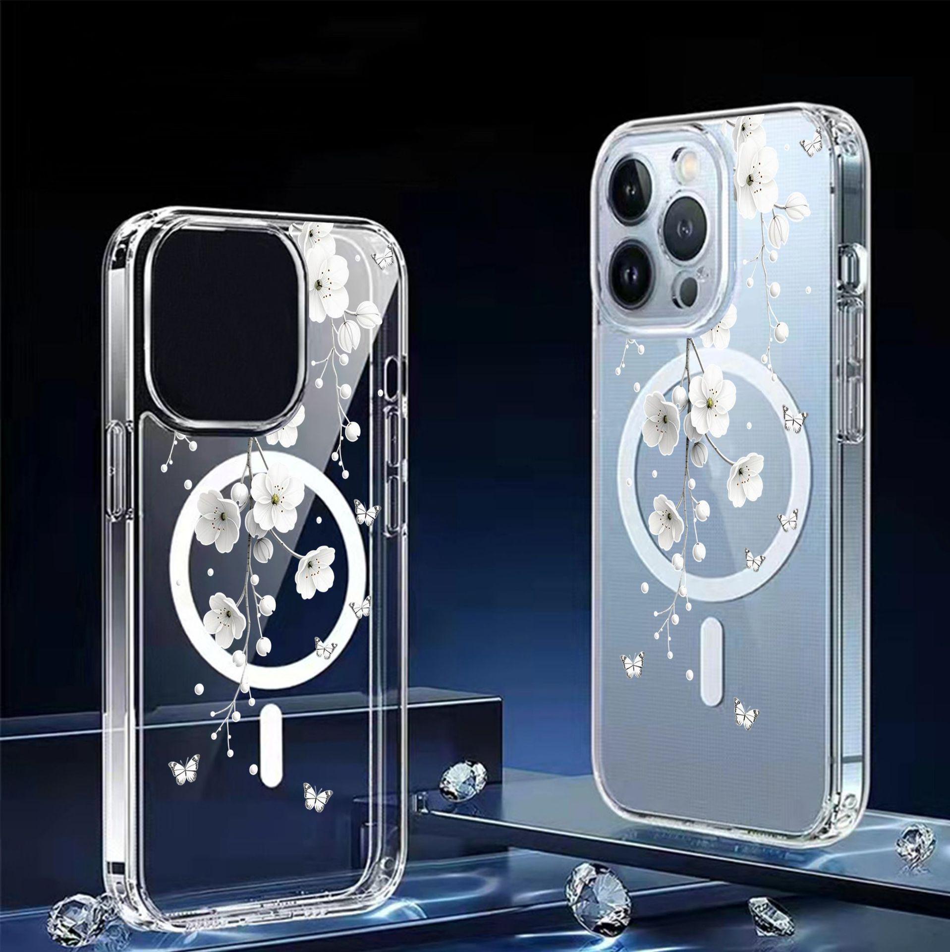 

Hanging Basket Plum Blossom Magnetic Transparent Full Coverage Case for iPhone 14/15/16/17 Pro Max Galaxy S23 Ultra прозрачный