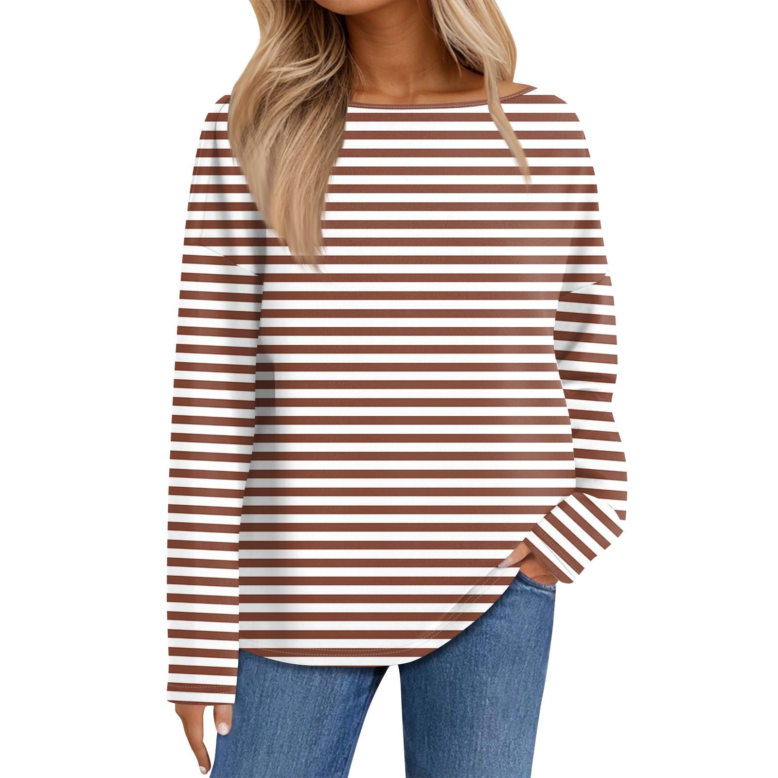 

Женский повседневный полосатый пуловер, рубашка с длинным рукавом, толстовка большого размера L светло-коричневого