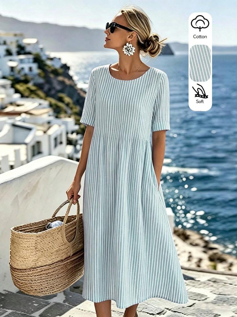 Blue-white Striped Casual Dress, Round Neck Short Sleeve, Linen Blend Fabric for Travel & Daily Commute