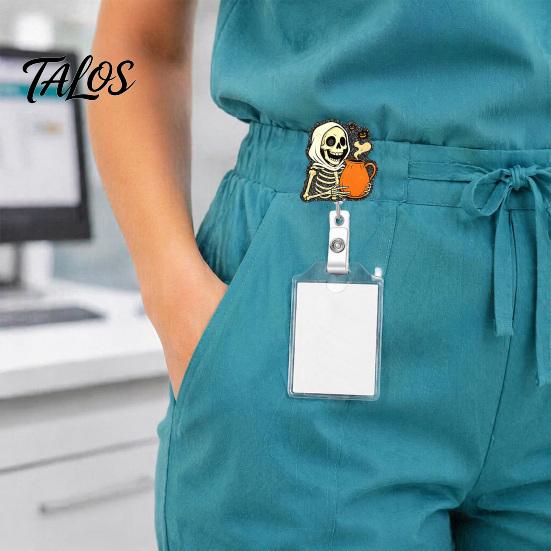 Personalized Badge Holder Halloween Retractable Reel, Skeleton And Pumpkin Design, Acrylic ID Card Office Id with Sturdy Metal Clip for Nurses