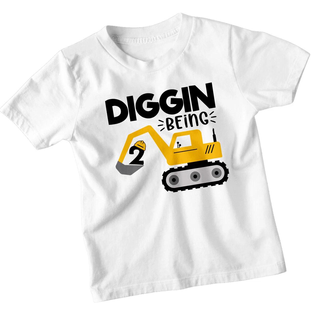 

Personalised Diggin Being 2 Birthday Kids T-Shirt Excavator Boys Girls Tee 120