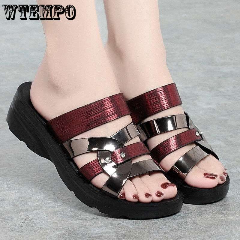 Women's Slippers Mid-heel Soft-soled Middle-aged Ladies Flat-bottom Non-slip Middle-aged and Elderly Mother Sandals