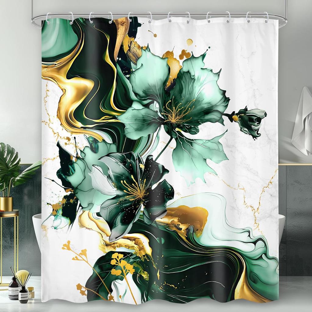 Green Gold Marble Flower Shower Curtain Rose Abstract Modern Floral Luxury Minimalist Ink Texture Men Hooks Fabric Waterproof