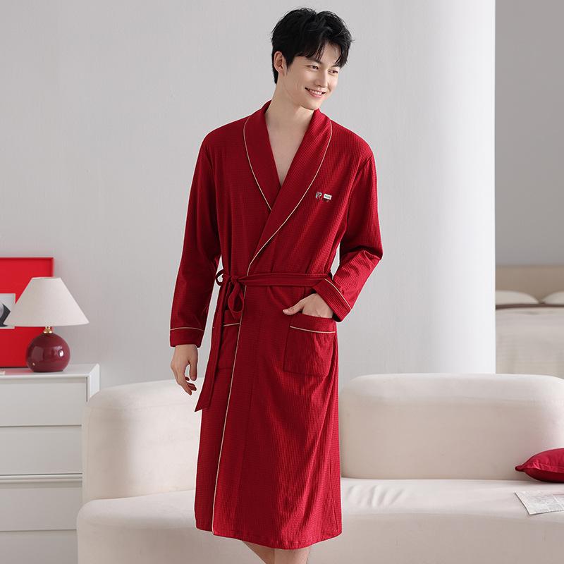 Nightgown Men'S Spring And Autumn Pure Cotton Long-Sleeved Red Bathrobe Men'S Large-Size Bathrobe Loungewear