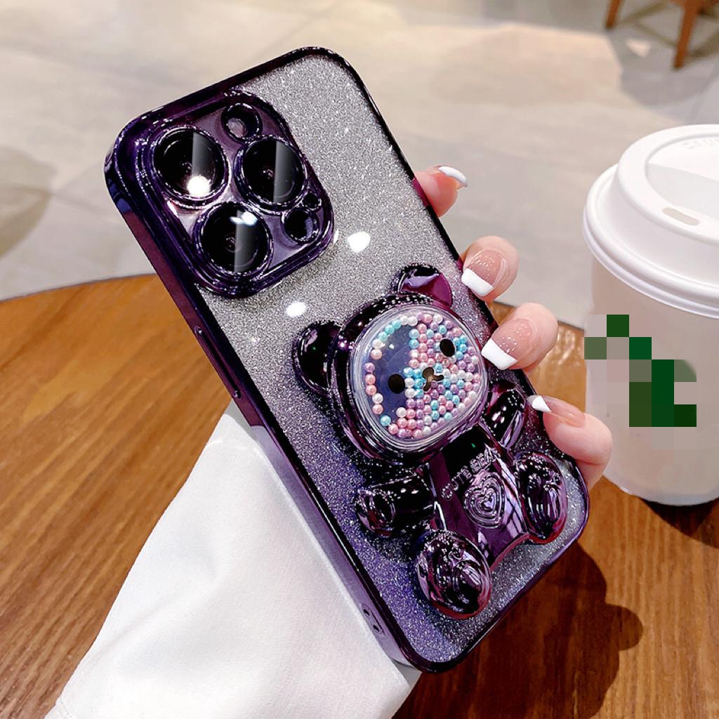 Suitable for IPhone15 Case, Gradient Glitter Apple 16 Silicone 14Promax Fashionable Bear Stand