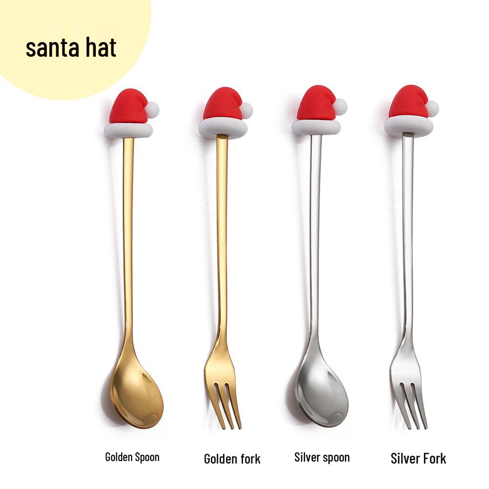 Cartoon Rabbit Christmas Dessert Spoon and Fork Set - Cute Party Favor Stirring Spoon