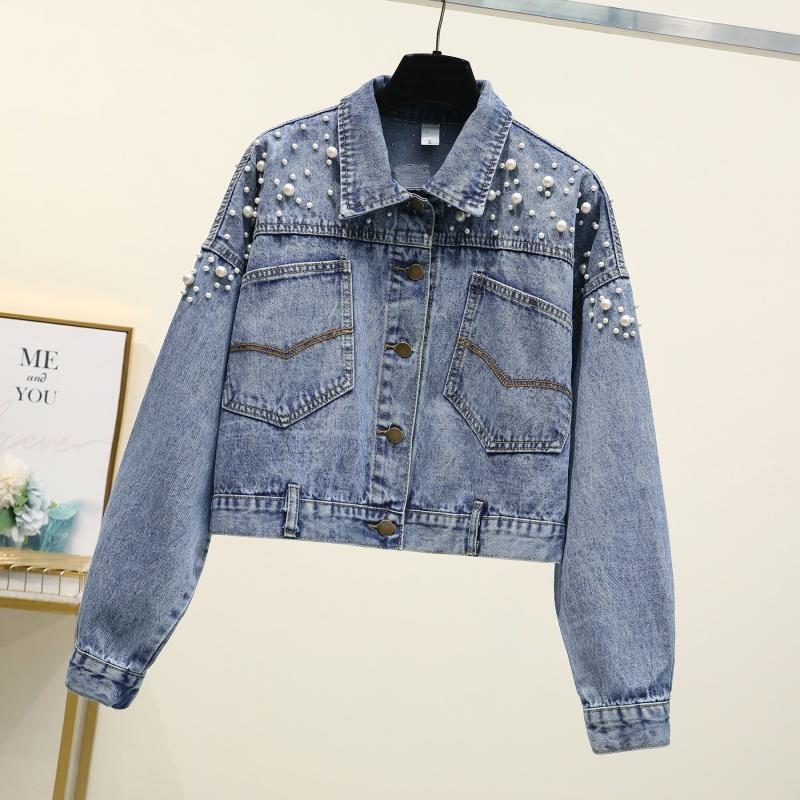 Womens Denim Jacket Short Loose Fit Oversized Cropped Jean Coat With Embellished Beading Casual Chic Outerwear