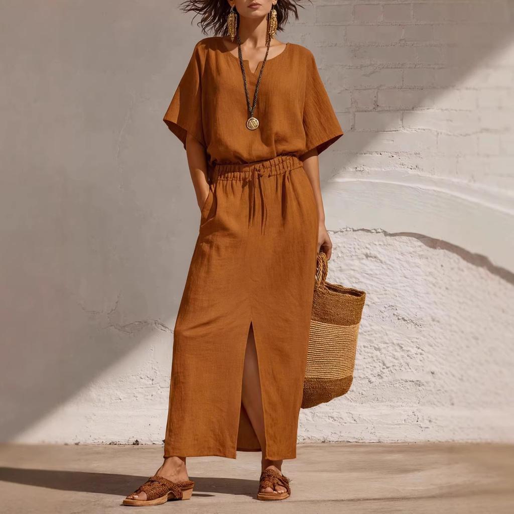 Women V Neck Short Sleeve Maxi Dress with Elastic Waist and Front Slit Casual Loose Fit Summer Dress