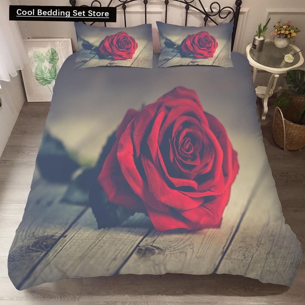 Red Rose King Queen Duvet Cover Romantic Flower Bedding Set Valentine's Day Quilt Cover Couples Floral Polyester Comforter Cover