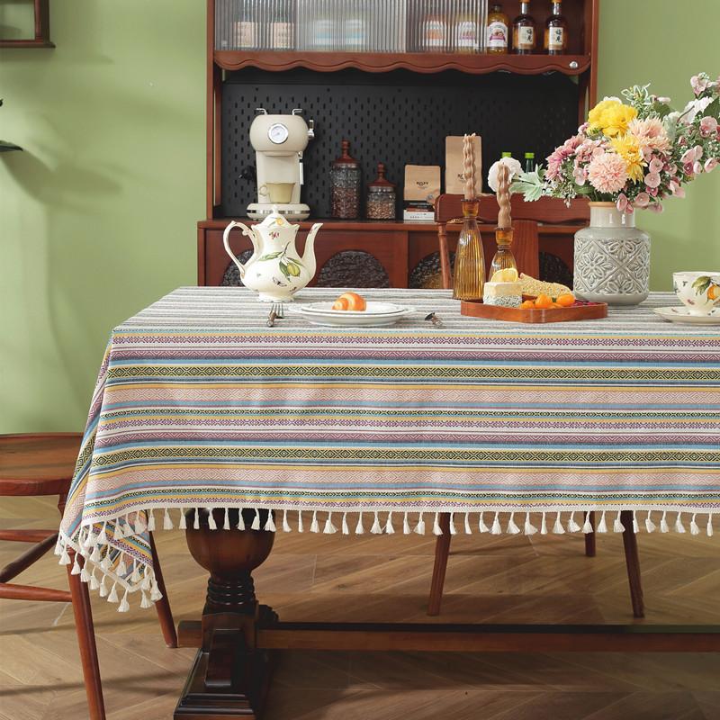 Yarn-Dyed Polyester-Cotton Famous Jacquard Striped Fringed Lace Coffee Table Tablecloth Dining Table Cloth Cover Towel