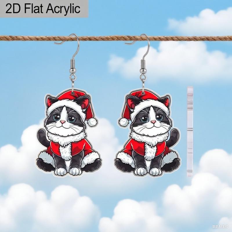 Retro Christmas Cat Acrylic Earrings - Cute & Creative Holiday Party Jewelry