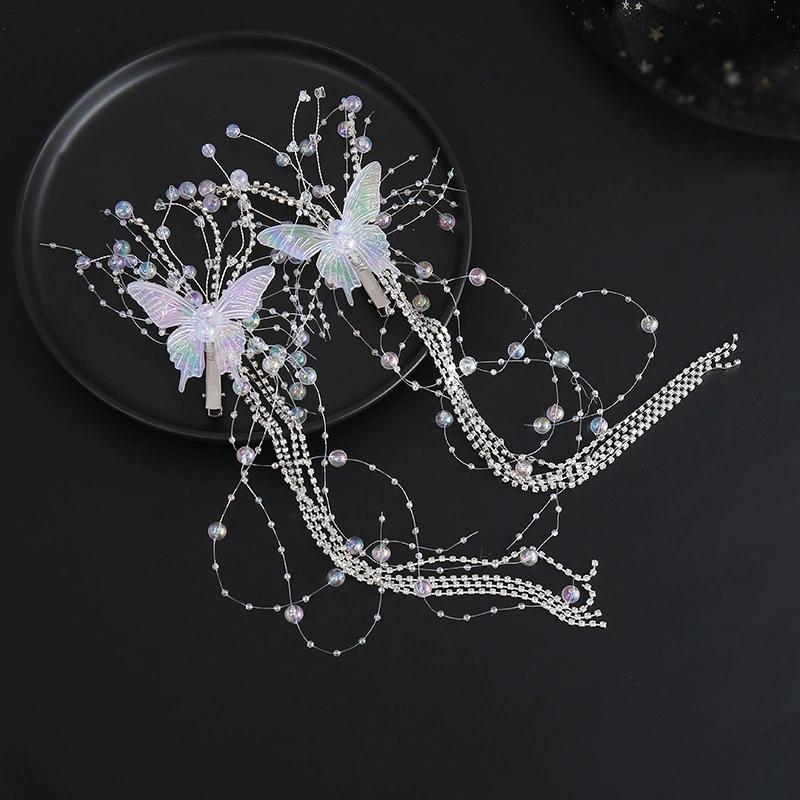 Long Crystal Butterfly Bead Tassel Hair Clips for Women Shiny Luxury Headwear Side Bangs Double Ponytails Photos Accessory Gift