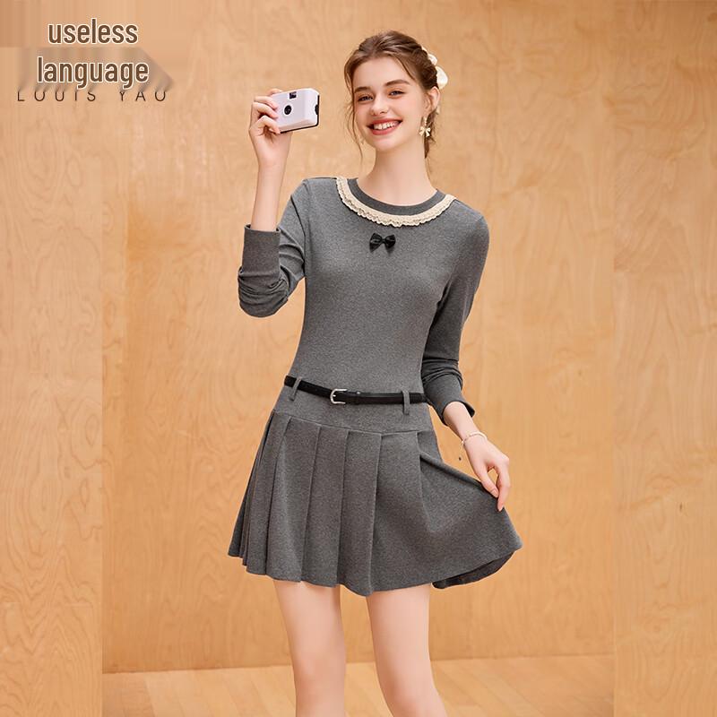 Bailuyu Women's Round Neck Solid Pleated Knit Mini Dress