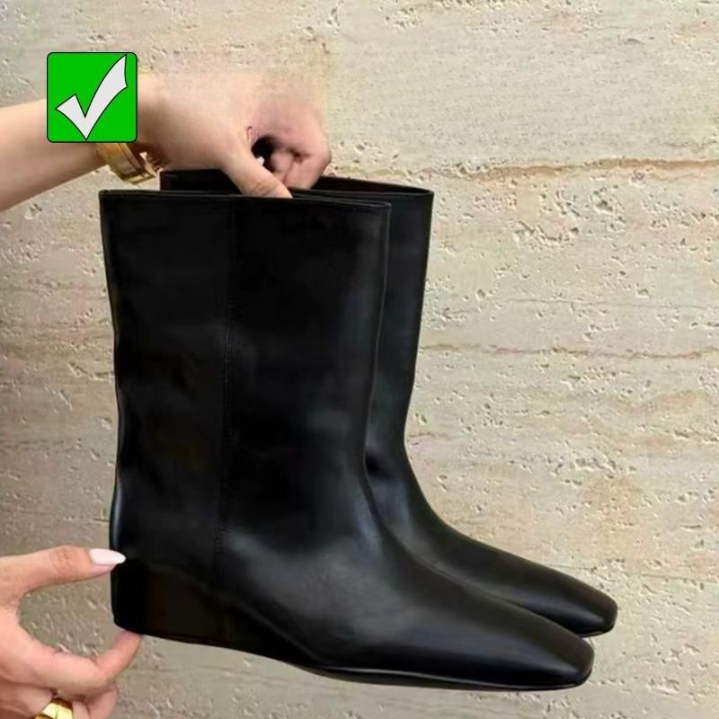 Vintage and Niche Square-toe Platform Short Boots with Inner Heightening Feature for Women's Shoes