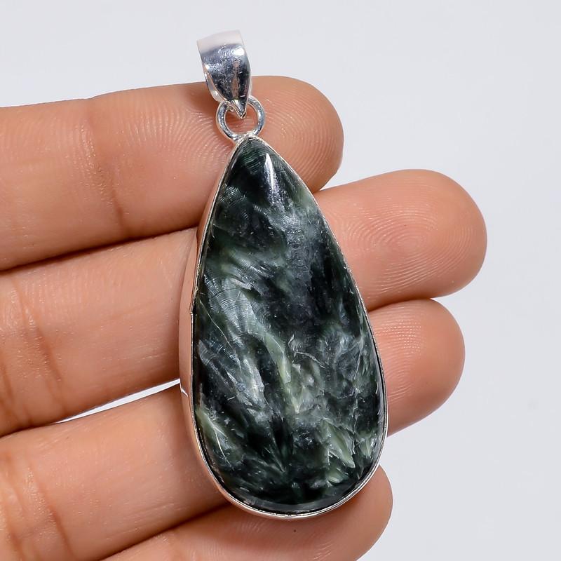 

Beautiful Top Grade Qualite 100% Natural Seraphinite Pear Shape Ethnic Style Handmade Jewelry 925 Steling Silver Plated Pendant 1.9 WSJ4976 1.9