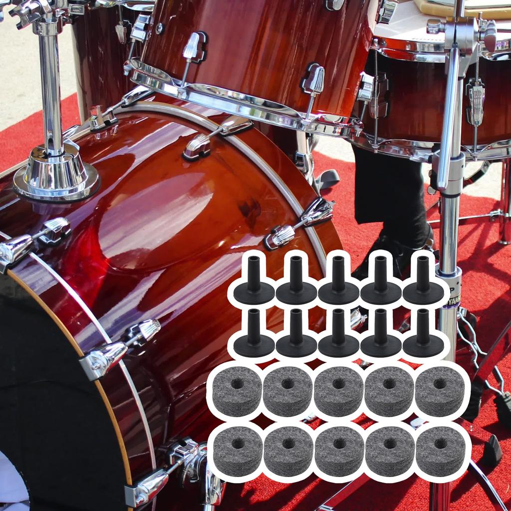 Yibuy 10 Pieces Black Drum Set Replacement Parts Felt Washer + Plastic Long Cymbal Sleeves with Flange Base