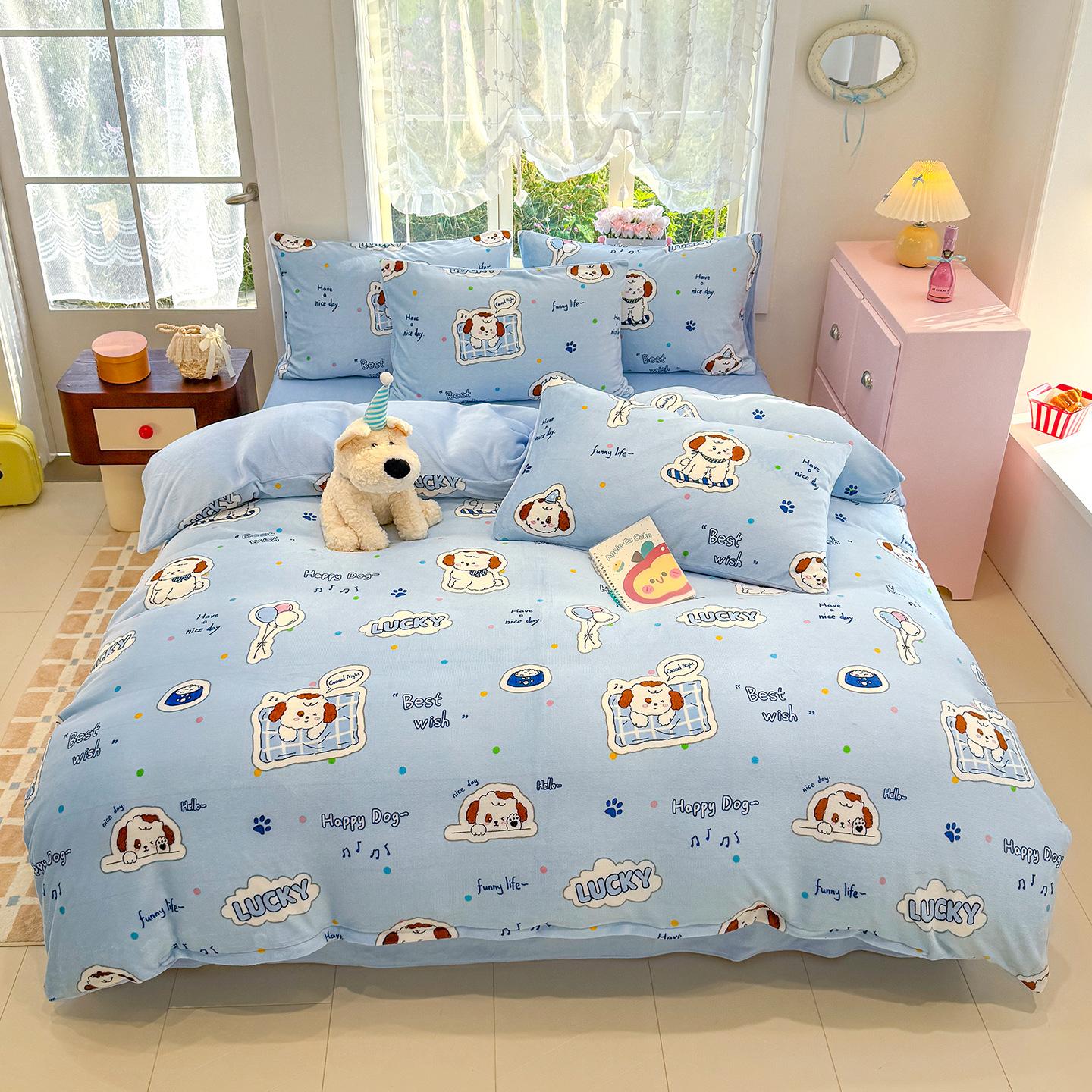 

Thickened Milk Fleece Warm Four-Piece Set, Cartoon Style Wearing Supplies, Dormitory Skin-Friendly Three-Piece Set 150x200cm single quilt cover