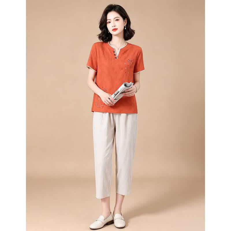 Women's Embroidered Crew Neck Top & Capri Pants Set