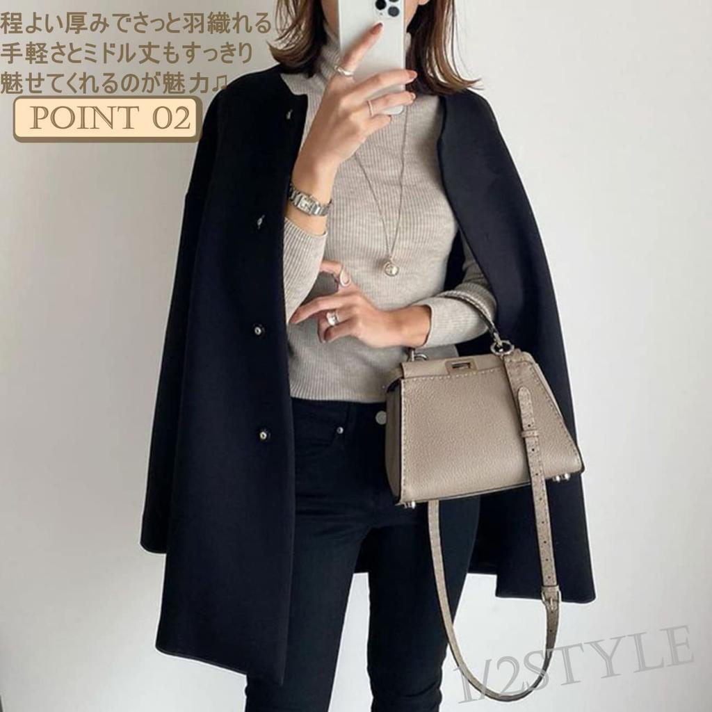 Coat Blouson Jacket Outerwear Short No Collar Straight Spring Autumn Winter Length [1/2style] [Nibunnoichi Style] Women's (S, Black)