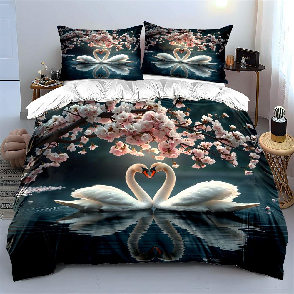 Swans and Cherry Blossom Scene Bedding Duvet Cover Set  (1*Duvet Cover 2*Pillowcases, without duvet insert)