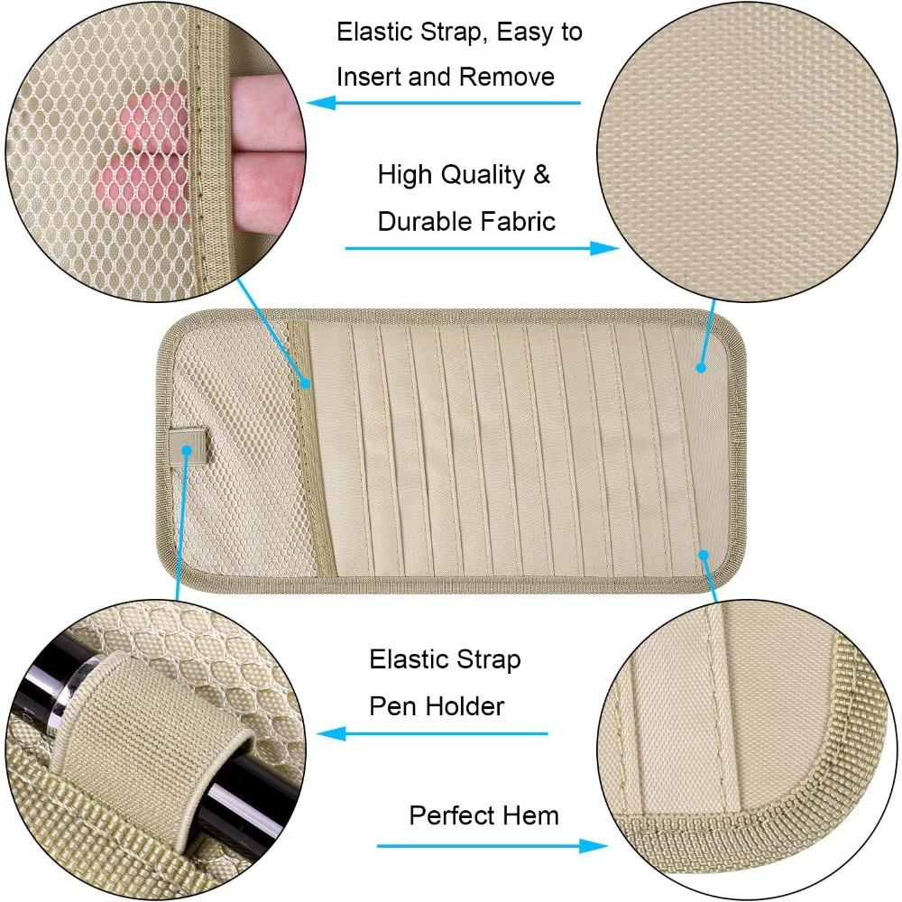 Car CD Case Holder, Vehicle Sun Visor Organizer for Cars with 12 DVD Storage Sleeves, 1 Mesh Pocket, 1 Pen Holder and Elastic Strap, Khaki