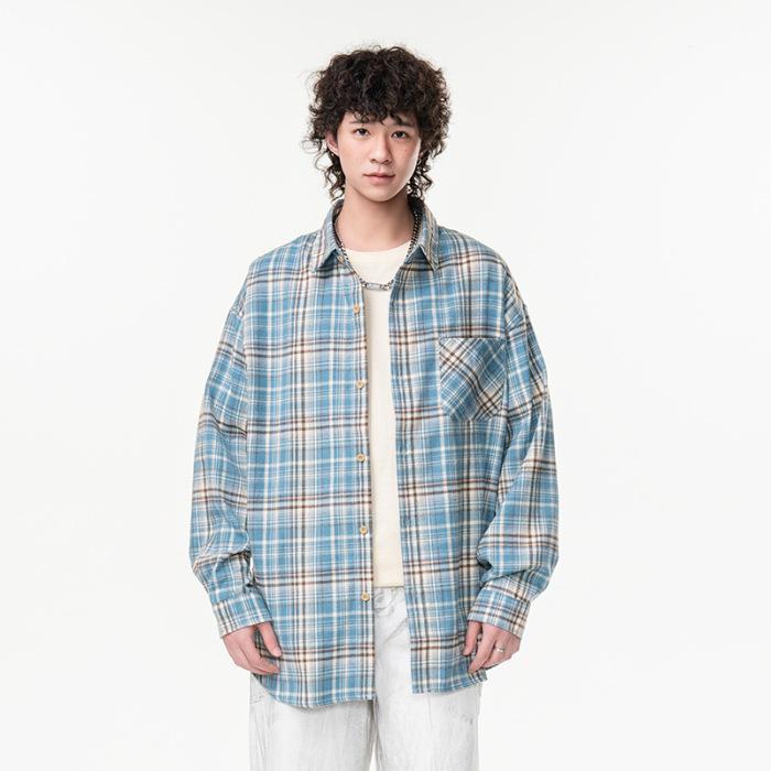 New Japanese Mid-length Men's Fashionable and Trendy Casual Plaid Shirt In Spring