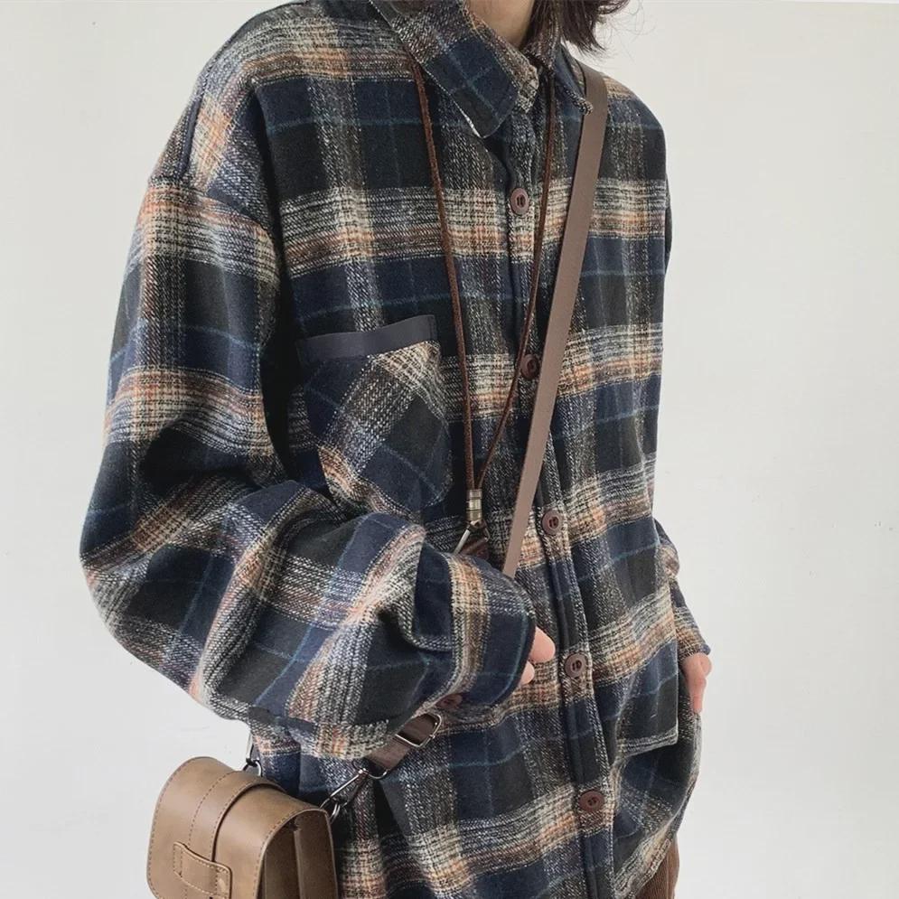 Unisex Japanese Retro Wool Plaid Long-Sleeve Shirt - Autumn/Winter College Style
