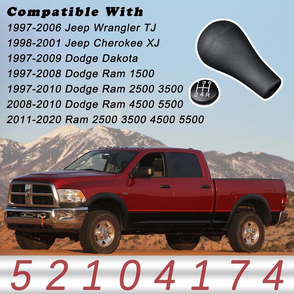 TQPONLY 5 Speed Gear Shift Shifter Knob,Compatible With Dodge Ram Dakota/Jeep Cherokee Wrangler Manual Gear Shift Lever Handles Replaces 52104174