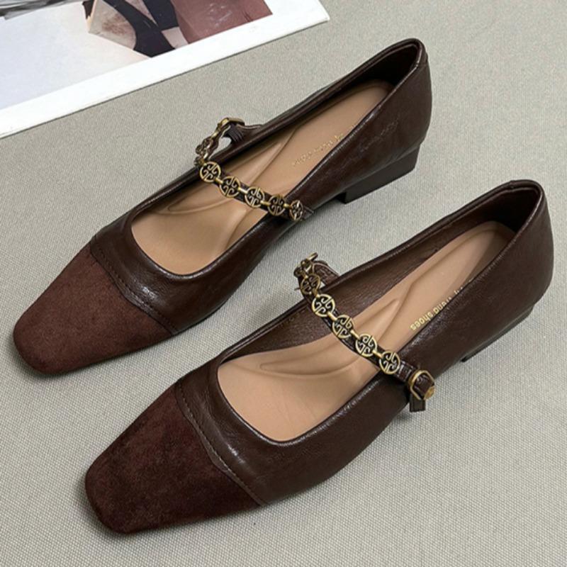 Women's Flat Shoes Spring New Square Head Shallow Mouth Suede Splicing Metal Chain Non-slip Single Shoes