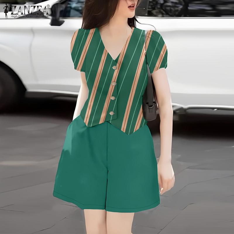 ZANZEA Women Short Sleeve Print Blouse and Shorts Summer Two Piece Suit Sets