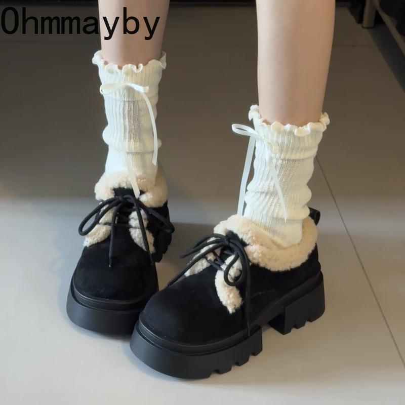 Vintage Women Fur Lining Pumps Shoes Comfrot Short Plush Lace Up Snow Shoes College Style Dress Thick Sole Mary Jane Shoes