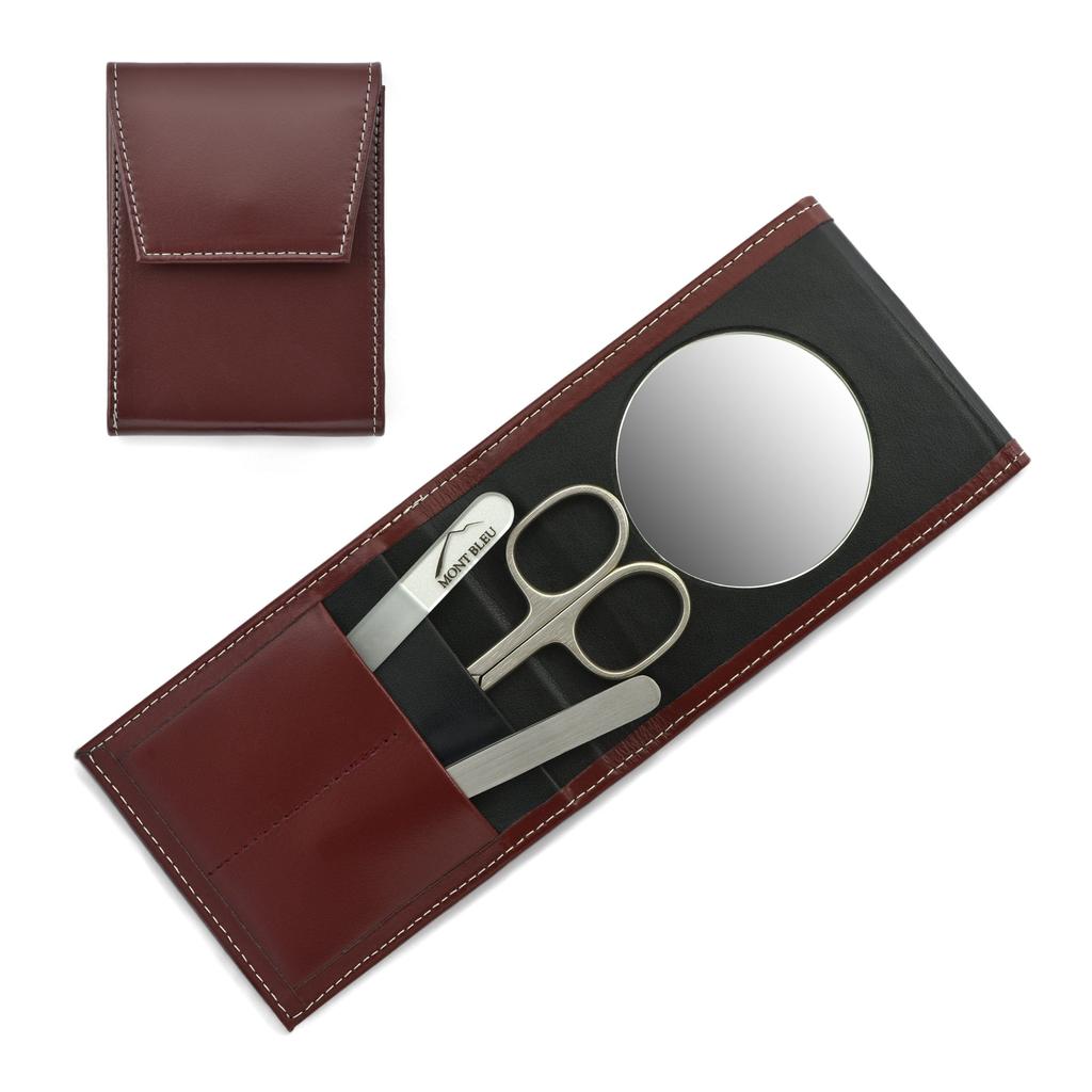 Mont Bleu 3-piece Manicure Set In a Premium Red Leather Case with Mirror & Crystal Nail File