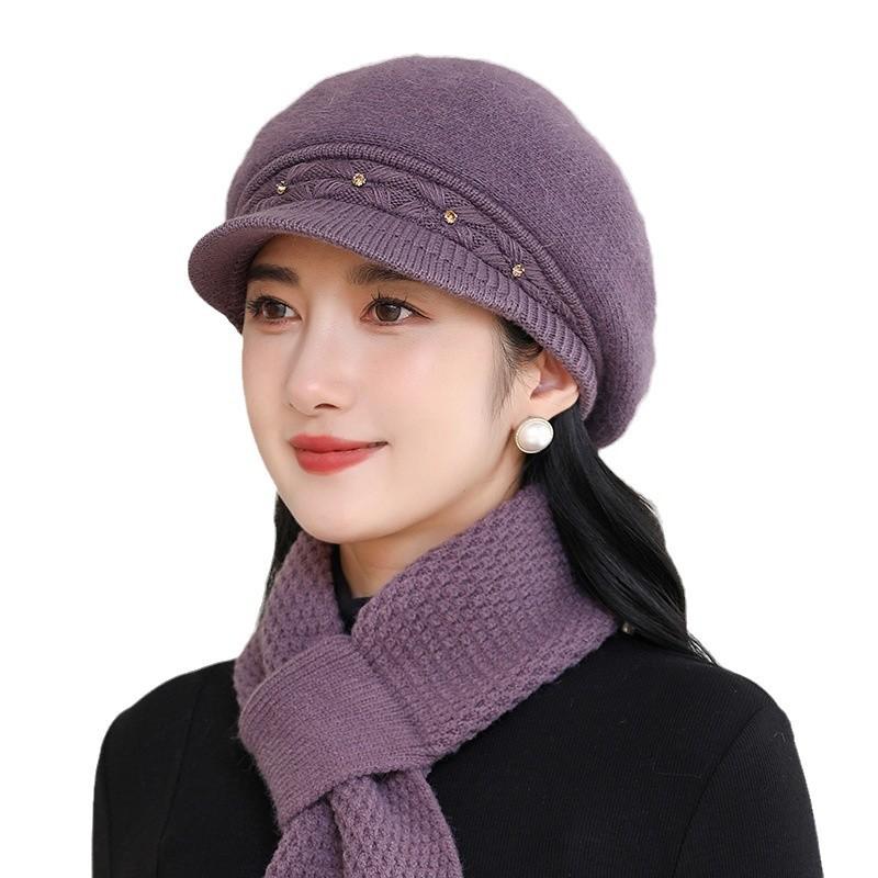 Knitted Hat Women's Fashion with Plush Windproof Duck Tongue Knitted Hat Middle Aged and Elderly Grandma Hat