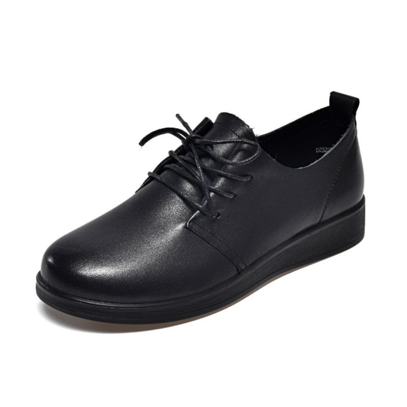 Women Round Toe Lace Up Genuine Leather Shoes 2026 Black Cowhide Thick Heel Work Shoes Women British Style Loafers Oxford Shoes
