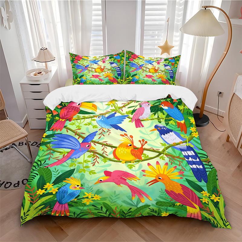 

3pcs bedding set Jungle Birds Includes 1 Comforter + 2 Pillowcases, Without Pillow Inserts, Soft Comfortable, Lightweight Breathable128 135x200cm
