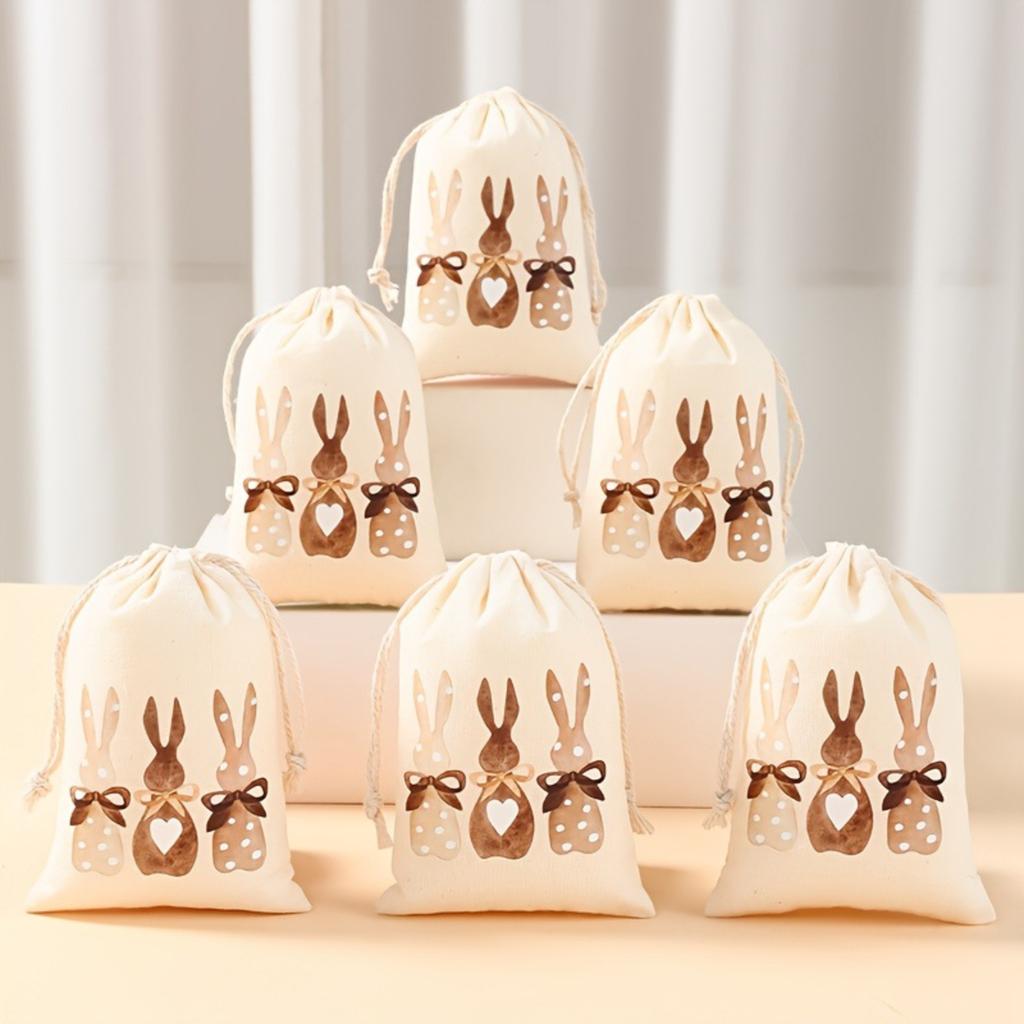 6-teiliger Osterhase Kordelzugbeutel, Geschenkbeutel aus Baumwolle und Leinen