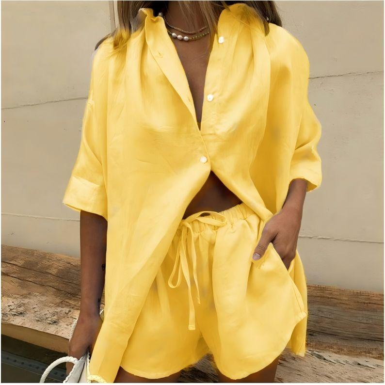 Cotton Casual Suits Women Long Sleeve Sets Home Wear Solid Tops Female Shorts Two Piece Sets Spring Summer